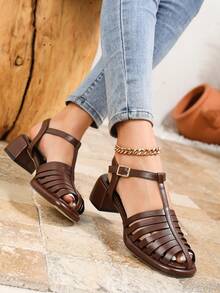 Giày sandal đế dày hở mũi thời trang nữ, giày dệt mùa xuân/hè mới, sandal đế cao phù hợp mọi mùa, giày La Mã hở gót kiểu dáng thường ngày, sandal đế dày quai ngang mắt cá chân mũi tròn đa năng, sandal hở mũi màu nâu thoáng khí thoải mái, thích hợp cho kỳ nghỉ ngoài trời. - màu nâu - Xem 2
