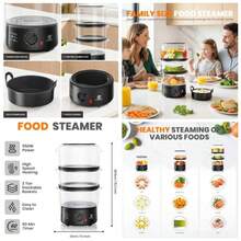 3 Tier Food Steamer. 5L Vegetable Steamer Cooker With Stackable Baskets And Rice Bowl 60 Minute Timer 550W Boiler Healthy Cooking Rice Fish Meat Dumplings - Black - View 1