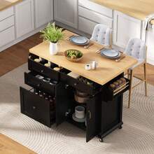 Ilha de cozinha móvel com rodízios e mesa de jantar extensível, carrinho de cozinha com gavetas multifuncionais, ideal para cozinha e sala de jantar (preto) - Preto - Ver 12