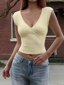 女士夏季Y2K风格修身百搭交叉V领无袖吊带背心，适合海滩度假，黄色休闲家居服 - 黃色 - 查看 7