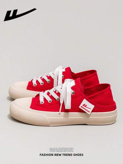  1 Pair WARRIOR Women's Thick Sole Lace-Up Soft Bottom Casual Shoes, Low-Top Outdoor Flat Shoes, Round Toe Low Heel Non-Slip Solid Color Elegant Soft Bottom Hiking Shoes, Suitable For Students, Graduation Photos, Flat Shoes, Low-Top Leather Sneakers