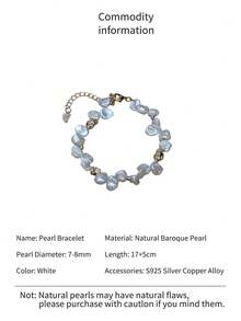 1条天然珍珠手链，淡水巴洛克珍珠手链，可调节白色珍珠手链，女士日常、假日、婚礼、派对配饰