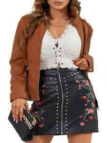 女士PU皮夹克 - 优雅简约的秋季风格，配有腰带、口袋和拉链，是一款女士冬季皮夹克 - 棕色 - 查看 6