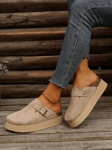 Plus Size Women's Closed Toe Slip-On Mule Slippers With Thick Soles, Spring/Autumn New Arrival - Khaki - View 1