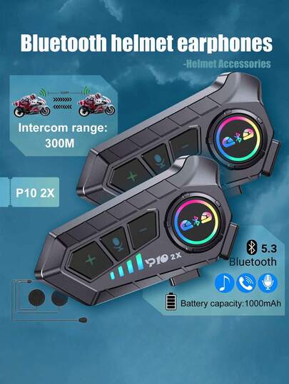 2个摩托车对讲耳机，蓝牙5.3，适用于两名骑手对讲，300米防水，支持音乐共享对讲