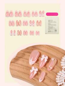 30片法式亚克力美甲贴片，中号杏仁形，3D金色线条艺术，白色蝴蝶结装饰花朵设计，简约Y2K风格，表面光滑，全覆盖假指甲，适合女性和女孩日常佩戴 - 彩色 - 查看 2