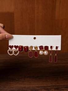 5对树脂仿珍珠长款红色几何心形耳环，复古独特风格，适合女性，假日及日常佩戴 - 彩色 - 查看 5