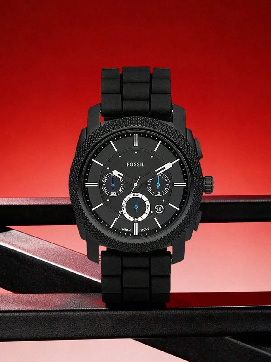 Fossil Men's Mechanical Chronograph Wristwatch, Black Dial, Black Silicone Strap, Model FS4487 - Black - View 1