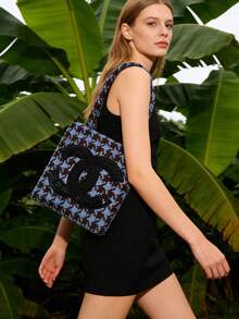 CHANEL 蓝色粗针织手提包，时尚斜纹软毡亮片装饰托特包，针织设计，女士手提包 - 时尚配饰，完美搭配女士休闲时尚装扮 - 藍色 - 查看 3