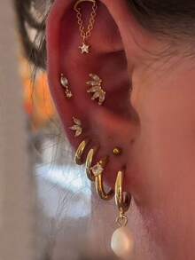 9 pièces Ensemble de boucles d'oreilles vintage élégantes avec zircone et faux perle, boucles d'oreilles multi-couches pour cartilage, convient pour le quotidien, les rendez-vous, les fêtes et le superposage pour les femmes - Or jaune - Voir 1