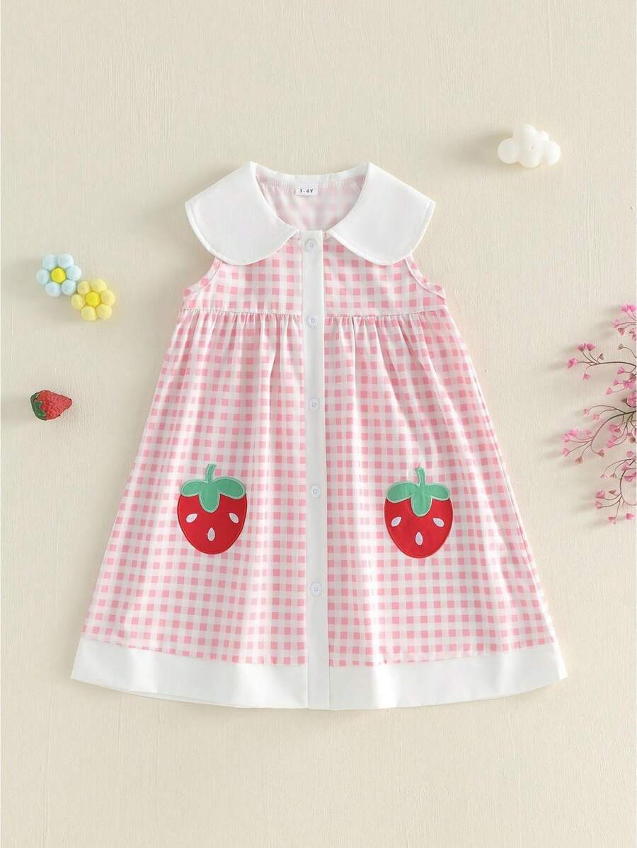 Toddler Girls Strawberry Dress Strawberry Embroidery Doll Collar Sleeveless Princess Dresses Checkered Pattern Layered A-Line Tank Skirt For Baptism Wedding Birthday Party - 粉色 - 查看 1