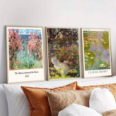 3 peças Pôsteres de Arte de Parede Estilo Claude Emoldurados, Pinturas em Tela de Paisagem Floral de Jardim, Decoração Elegante para Sala de Estar, Dormitório (Sem Moldura)