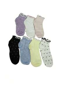 7 Pairs Random Cute Polka Dot Ruffle Trim Fashion Women Ankle Socks, Breathable & Comfortable - Multicolor - View 4