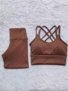 Ribbed Summer Set - Shorts And Top For Gym - Rust Brown - View 1