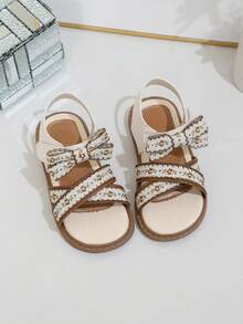 1 Pair Girls' Summer Sandals, Versatile Beige Cute Children's Shoes With Ditsy Floral, Bowknot, Criss-Cross Strap, Hook And Loop Closure, Suitable For Strolling, Outfit Matching, And School Activities - Brown - View 3