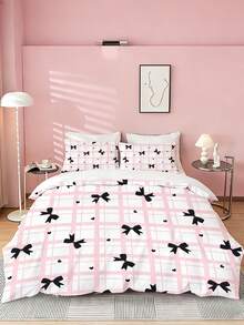 三件套透气涤纶蝴蝶结格子印花被套组（1个被套+2个枕套，不含被芯），少女主题床上用品套装，柔软舒适，适用于卧室、客房和宿舍。可选尺寸：特大号、大号、标准双人床、单人床。易拆卸，可机洗，四季皆宜。