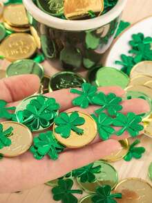 塑料幸运币和三叶草纸屑桌饰，爱尔兰幸运三叶草纸屑，圣帕特里克节桌饰，适用于圣帕特里克节派对装饰、伴手礼、生日派对、迎婴派对、婚礼装饰 - 彩色 - 查看 6