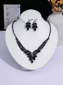 Black Zirconia Leaf Jewelry Set, Elegant Necklace + Earrings, Shiny Accessories For Party & Date - Multicolor - View 10