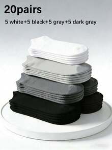 1/20 Pairs Unisex Black, White, Grey Solid Color Ankle Socks - Soft, Comfortable, Breathable, Minimalist Casual Socks - Suitable For Daily Wear, Spring/Summer, Back To School, And Home Use