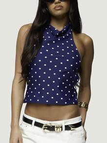 Women Y2k Polka Dots Halter Tank Crop Tops Cute High Mock Neck Backless Cami Open Back Camisole Slik Sleeveless Backless Vests Summer Going Out Tops For Daily Life Bar Party Beach Vests Rave Outfit Concert Outfit Valentines Clothes  Beach Vacation Outfits - 藍色 - 查看 4