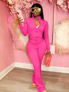 Bộ đồ 2 mảnh trơn màu dài tay có khóa kéo dành cho nữ, thoáng khí, mặc hàng ngày, ngoài trời, đi làm, công sở, xuân/thu - Màu Hoa hồng đỏ - Xem 1