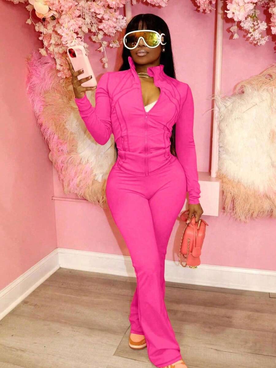 Bộ đồ 2 mảnh trơn màu dài tay có khóa kéo dành cho nữ, thoáng khí, mặc hàng ngày, ngoài trời, đi làm, công sở, xuân/thu - Màu Hoa hồng đỏ - Xem 1