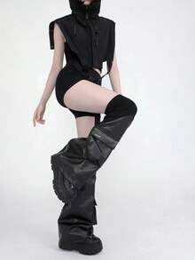 polve 1 Pair Y2K Style Black Faux Leather Patchwork Ribbed Punk Rock Volumized Pocket Leg Warmers, Slimming & Leg Shaping - Black - View 3