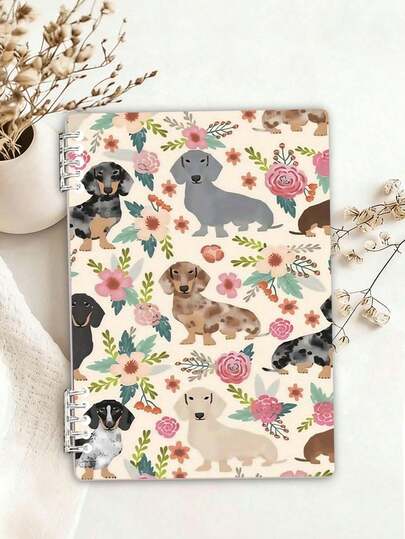 1 Sổ tay lò xo họa tiết chó Dachshund dễ thương, thiết kế hoa văn - Bìa bền chắc, phù hợp cho công việc, học tập, viết nhật ký, làm quà tặng, đồ dùng học tập | Sổ tay họa tiết hoa | Sổ tay lật trang dễ dàng