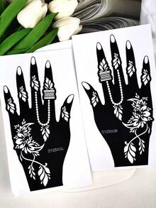 2 Stücke florale Perlen-Ketten dekorative Muster Tattoo Schablonen - exquisite hohle wunderschöne Strukturen, wiederverwendbar, geeignet für individuelle temporäre Tattoos, passend für Party & tägliche Körperdekoration, einfach eigene kreative Tattoo-Looks erstellen - Schwarz - Übersicht 9