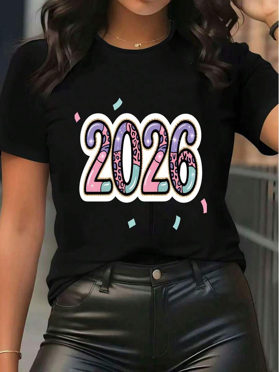 Tricou pentru femei 2026 cu mânecă scurtă și imprimeu grafic, top casual cu guler rotund, design colorat cu numere și modele, croială lejeră, ținută zilnică de vară pentru petreceri și vacanțe - Negru - Vizualizare 1