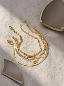 3pcs/Set Fashionable Minimalist Multi-Layer Gold-Tone Bracelet, Classic Chic Summer Vacation Gold Zirconia Star Moon Square Pendant Necklace & Stainless Steel Blade Chain Layered Bracelet For Women (Chain, Clasp & Bead Quantity Random) - Yellow Gold - View 3