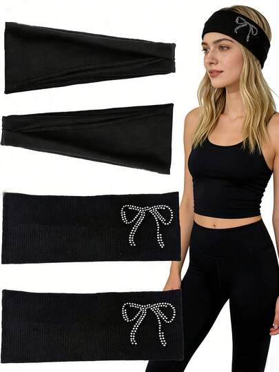 1/4pcs Set Fashionable Versatile Rhinestone Bow Headband For Women, Casual Elastic Yoga Sports Sweatband