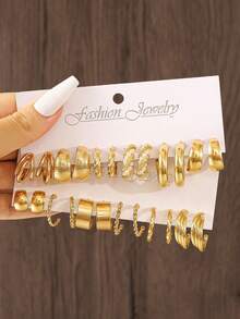 24Pcs/Set Fashion Women Faux Pearl Earrings Classic Simple C-Shaped Twisted Striped Hoop Earrings Suitable For Casual Party Banquet Daily Matching - Gold - View 10