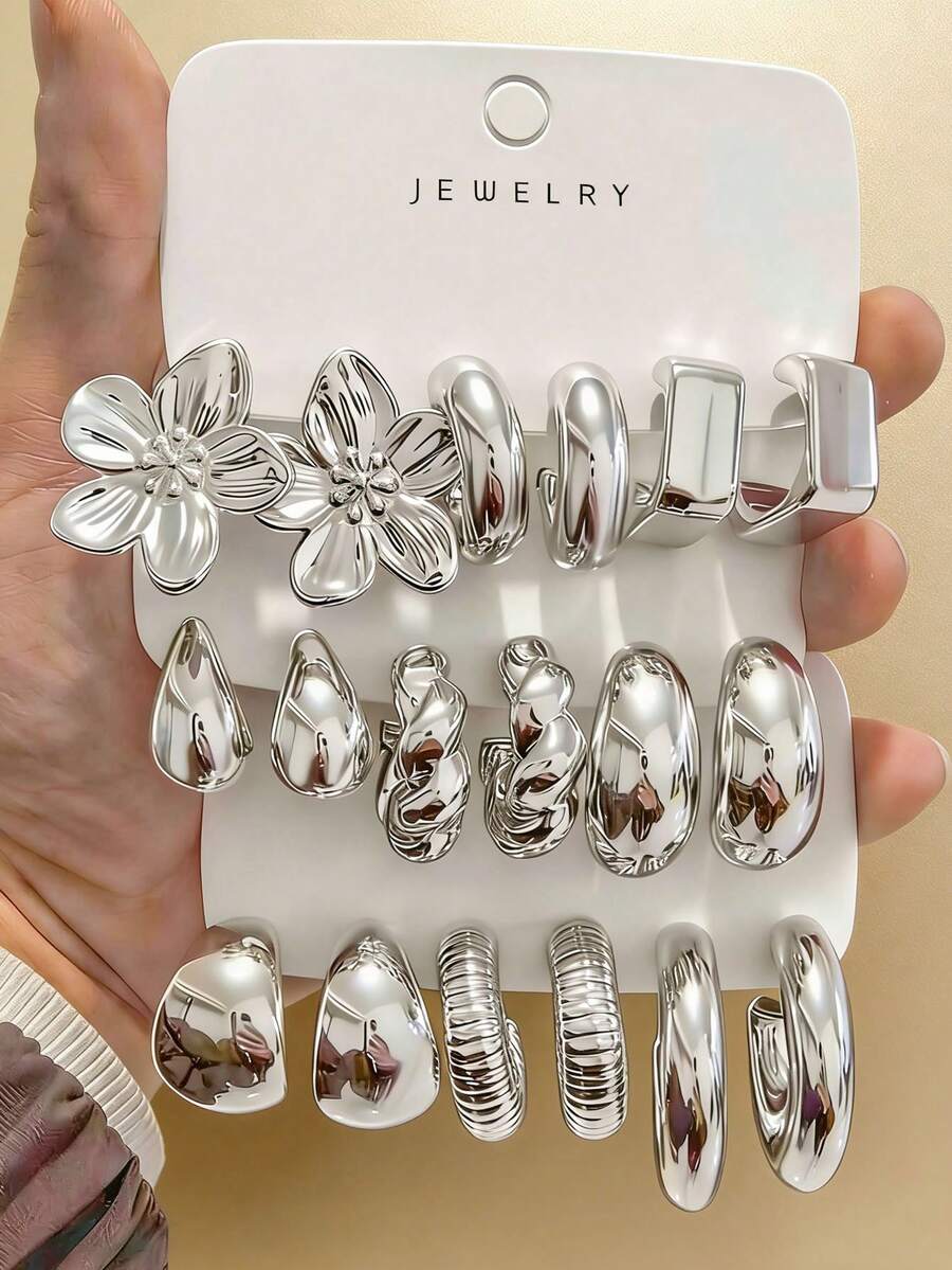 6-18pcs Fashionable Women Silver-Tone Earring Set, Includes Floral, Geometric, Textured Designs, Suitable For Versatile Outfits