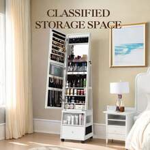 clóset organizador de joyas con espejo de longitud completa, espejo giratorio de 360°, clóset grande de joyería con LED y estantes, gabinete de joyería con cerradura para recámara - Blanco - Ver 6