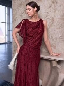 Sollinarry 女士新款时尚两件套连衣裙，酒红色，包含吊带上衣和条纹中长裙，适合约会和派对穿着 - 酒紅色 - 查看 4