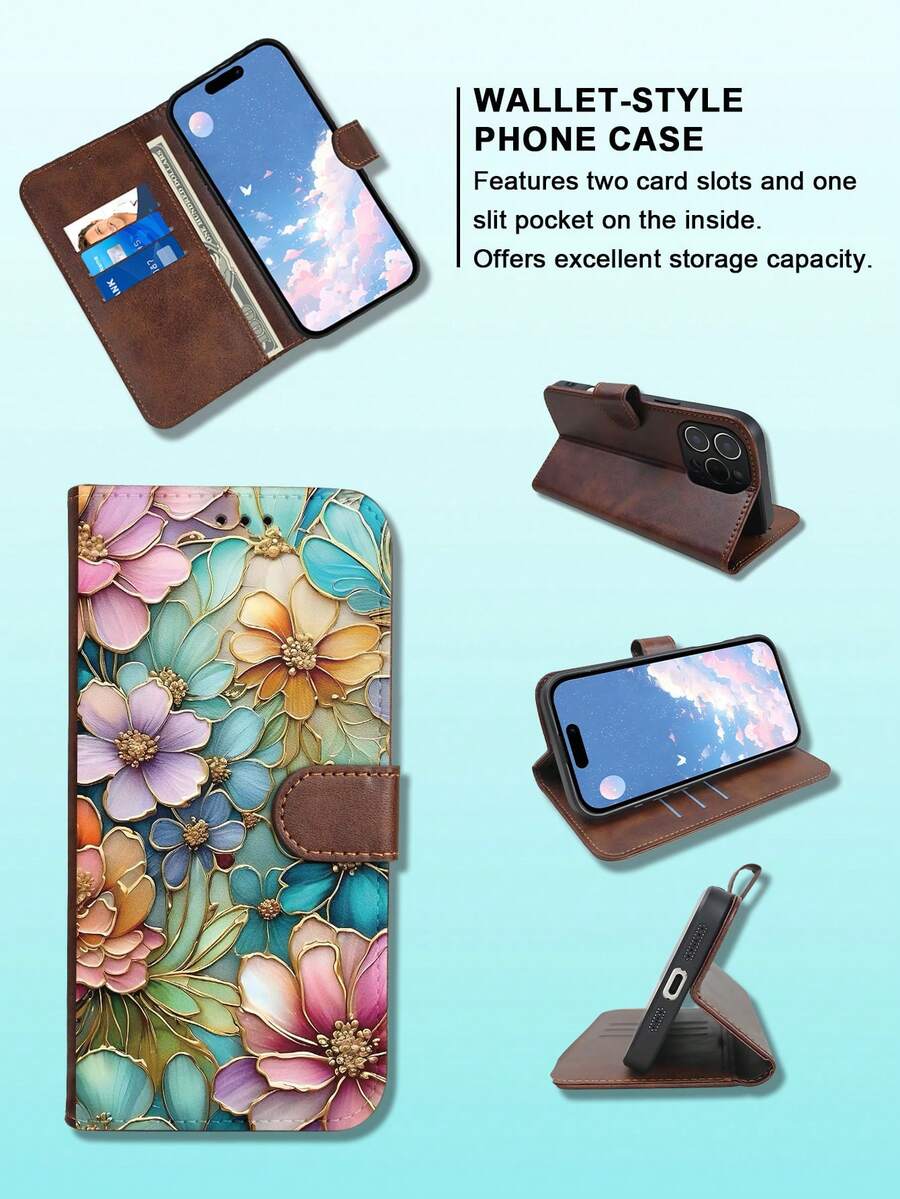 1PC Premium Durable Flip Wallet Phone Case Colorful Flowers With Gold Trim Art Pattern Design Compatible With IPhone 17/16/15/14/13/12 Series (Including Pro Max And Plus Models) With Foldable Stand And Credit Card Slots, Custom Made For Those Who Pursue Fashion And Perfection. - màu nâu - Xem 1