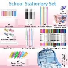 56 PCS Aesthetic Schoolsss Supplies With Large Pencil Case, 24 Double Brush Marker Pens, 5 Black Ink Gel Pens, 6 Macaron Pencils, 4 Sharpeners, Sticky Notes, Ruler, Erasers, Stationery Gift - Màu xanh da trời - Xem 3