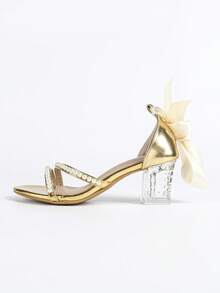 Women's Ribbon & Pearl Decor Chunky Heel Square Toe Lace-Up Sandals, Elegant Bridal Style, Suitable For Brides In Summer, Gold Color,Block Heels - Gold - View 5