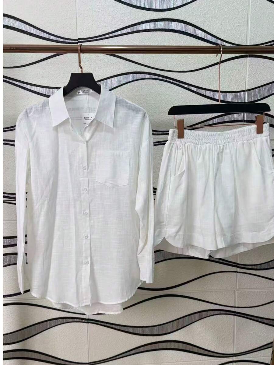 Two-Piece Linen Shirt And Shorts Set, Lined With Elastic. Summer Vacation: Perfect For Celebrating Christmas, New Year's Eve And New Year In Brazil! - 白色的 - 查看 1