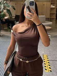 Women's Brown Asymmetric One Shoulder Ruched Top For Summer Beach Vacation Slim Fit Simple Tops - Brown - View 11
