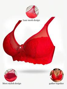 Plus Size Women Fashion Lace Patchwork Wireless Bra - Red - View 7