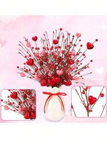 3 Pieces Valentine's Day Romantic Foam Heart Berry Arrangement, Handmade Artificial Heart-Shaped Berry Branches, Red And Pink Heart-Shaped Berry Stems, Light Red Heart-Shaped Pink Wrapping Paper - Multicolor - View 9