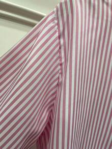 女童秋季竖条纹修身衬衫，3D荷叶边领，简约时尚，学院风 - 粉色 - 查看 8