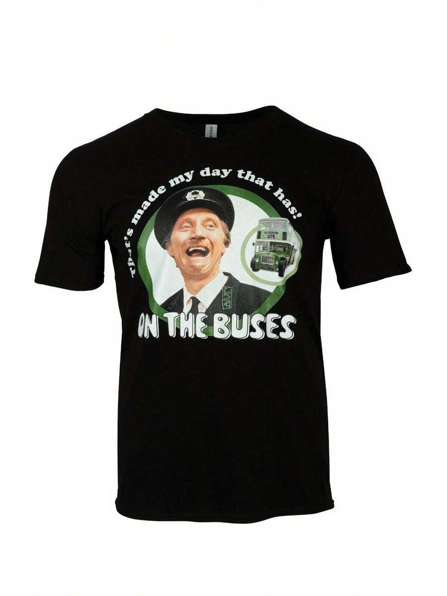 Unisex Retro T-Shirt |   On The Buses TV Show Stan  & Jack - Iconic Bus Conductors Logo Print, Black With White & Green Design, Soft Casual Tee For Fans, British Comedy Gift, Oversized Fit - Black - View 1