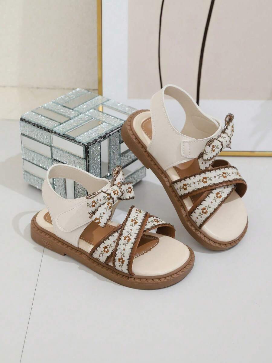 1 Pair Girls' Summer Sandals, Versatile Beige Cute Children's Shoes With Ditsy Floral, Bowknot, Criss-Cross Strap, Hook And Loop Closure, Suitable For Strolling, Outfit Matching, And School Activities - Brown - View 1