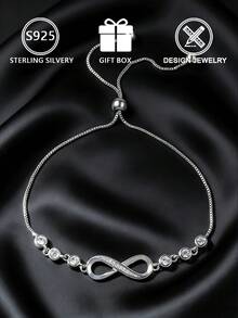1pc 925 Sterling Silver Infinity Symbol Zirconia Decor Adjustable Bracelet (Eternal Bond Edition), Gift Box, Suitable For Daily Wear And Valentine's Day Gift - Silver - View 4
