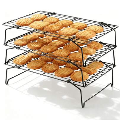 三层冷却架，10 x 16 英寸，适用于饼干、蛋糕等 - 冷却一批饼干、蛋糕或手指食物，黑色