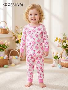 MOSSRIVER Baby Girls Pink Bow And Floral Print Long Sleeve Tee & Pants Set - Sweet Mother's Day/Father's Day Outfit - Màu Hồng baby - Xem 2