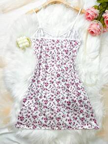 1 pièce Nuisette en dentelle sexy pour femmes, imprimé floral avec fente et bretelles. Robe fourreau ample et ajustée, convient pour les rendez-vous romantiques et les occasions spéciales - Blanc - Voir 7